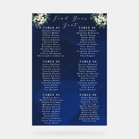 Navy Blue Floral Wedding Seating Chart Sign Acryl Bord (Voorkant)