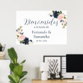 Navy Blue Floral Wedding Spaans Welkomstbord Poster (Thuiskantoor)