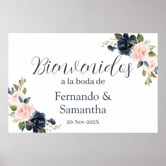 Navy Blue Floral Wedding Spaans Welkomstbord Poster (Voorkant)