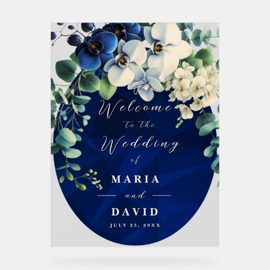 Navy Blue Floral Wedding Welcome Sign Acryl Bord (Voorkant)