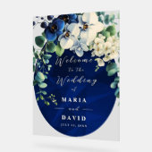 Navy Blue Floral Wedding Welcome Sign Acryl Bord (Hoek)