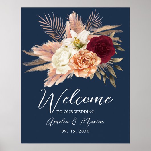 Navy Blue Floral Wedding Welkom Poster (Voorkant)