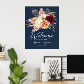 Navy Blue Floral Wedding Welkom Poster (Thuiskantoor)