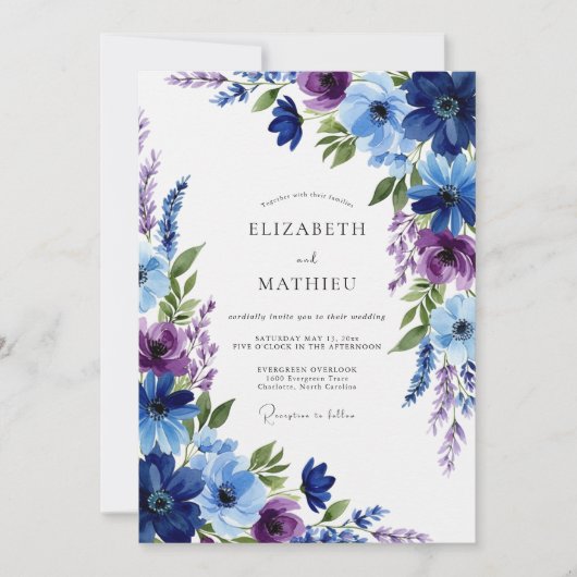 Navy Blue Floral Whimsy Wedding Kaart (Voorkant)