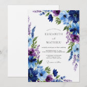 Navy Blue Floral Whimsy Wedding Kaart (Voorkant / Achterkant)