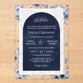 Navy Blue Floral White Lace Muslim Wedding Acryl Uitnodigingen (Voorkant)