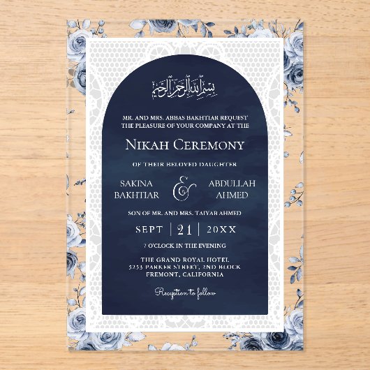 Navy Blue Floral White Lace Muslim Wedding Acryl Uitnodigingen (Voorkant)