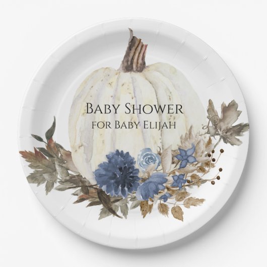 Navy Blue Floral White Pumpkin Baby Shower Papieren Bordje (Voorkant)