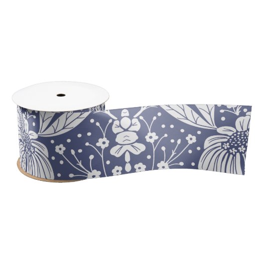 Navy Blue Floral William Morris Style Satijnen Lint (Spoel)
