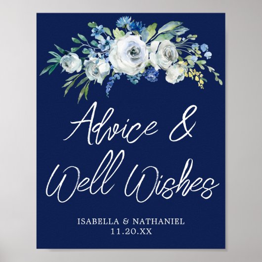 Navy Blue Floral Winter Weddenschap Poster (Voorkant)
