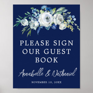 Navy Blue Floral Winter Wedding Guest Book Poster
