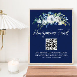 Navy Blue Floral Winter Wedding Honeymoon Fonds Poster
