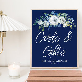 Navy Blue Floral Winter Wedding Kaarten Gifts Tabl Poster