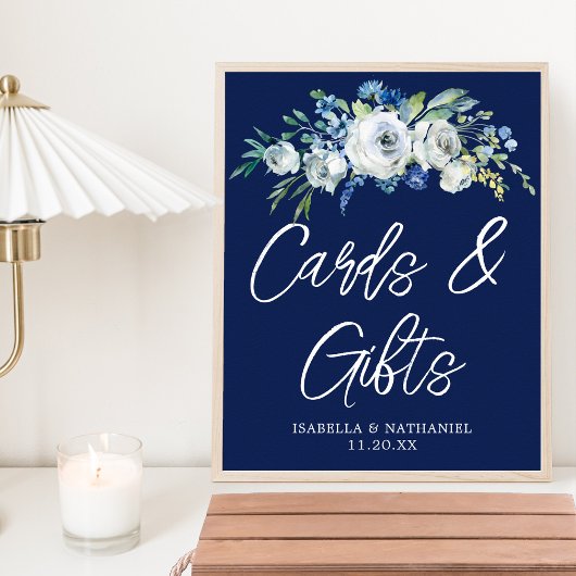Navy Blue Floral Winter Wedding Kaarten Gifts Tabl Poster