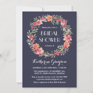 Navy Blue Floral Wreath Bridal Shower Kaart