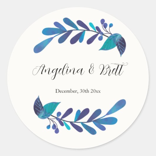 Navy Blue Floral Wreath Elegant Modern Wedding Ronde Sticker (Voorkant)
