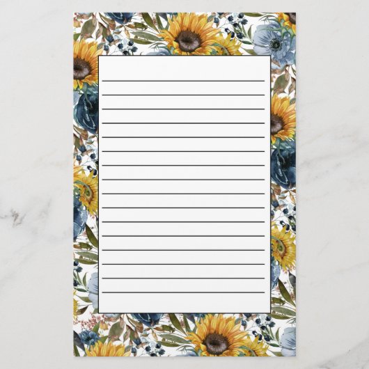 Navy Blue Floral Yellow Sunflower White Lening Briefpapier (Voorkant)