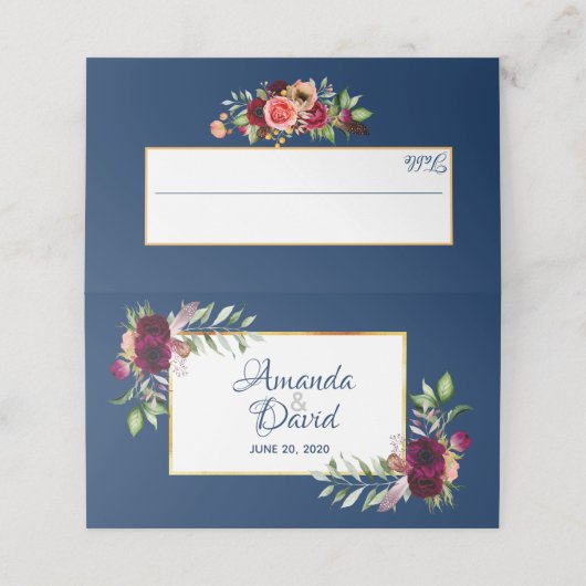 Navy blue florals burgundy boho bruiloft plaatskaartje (Buitenkant ongevouwen)