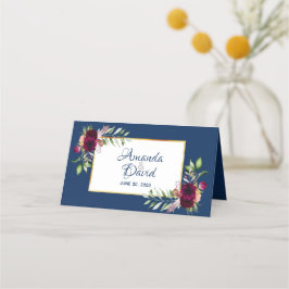Navy blue florals burgundy boho bruiloft plaatskaartje