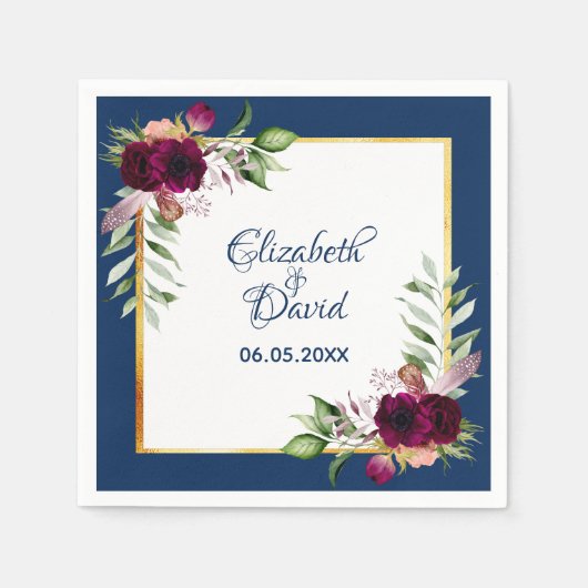 Navy blue florals burgundy boho bruiloft servet (Voorkant)