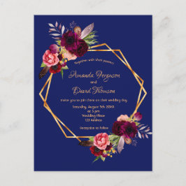 Navy blue florals burgundy bruiloft uitnodiging