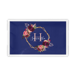 Navy blue florals geometrische burgundy, monogramm acryl dienblad