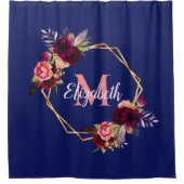 Navy blue florals gouden geometrische monogram naa douchegordijn (Voorkant)