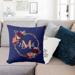 Navy blue florals gouden geometrische monogram naa kussen
