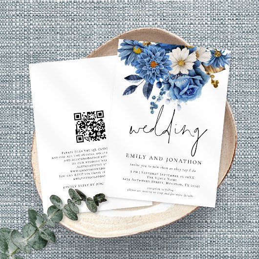Navy Blue Florals Informal Script Weddenschap Kaart