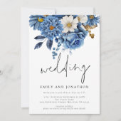 Navy Blue Florals Informal Script Weddenschap Kaart (Voorkant)