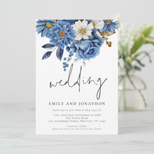 Navy Blue Florals Informal Script Weddenschap Kaart (Staand voorkant)