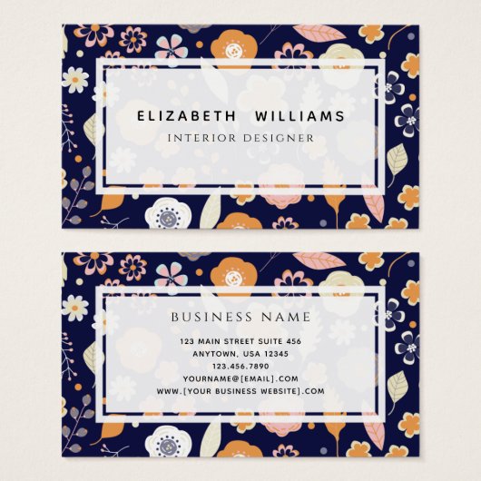 Navy Blue Florals Interior Designer Visitekaartjes (Voorkant /achterkant)