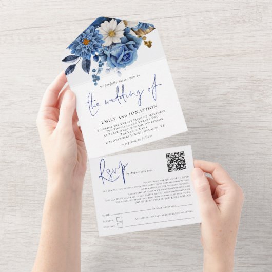 Navy Blue Florals QR Code Weddenschap All In One Uitnodiging (Afscheurbaar)