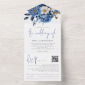 Navy Blue Florals QR Code Weddenschap All In One Uitnodiging (Binnen)