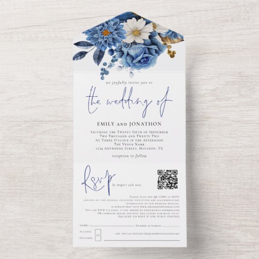 Navy Blue Florals QR Code Weddenschap All In One Uitnodiging (Binnen)
