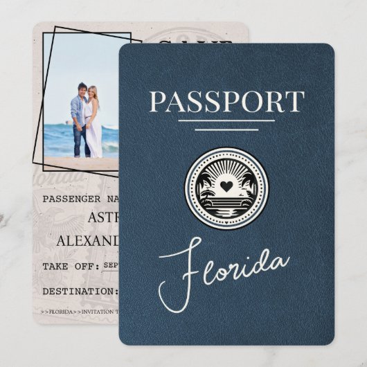 Navy Blue Florida Passport Bewaar de datum Save The Date (Voorkant / Achterkant)