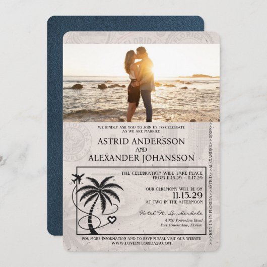 Navy Blue Florida Passport Wedding Invitation Kaart (Voorkant / Achterkant)