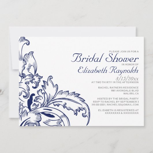 Navy Blue Flourish Bridal Shower-uitnodigingen Kaart (Voorkant)