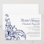 Navy Blue Flourish Bridal Shower-uitnodigingen Kaart (Voorkant / Achterkant)