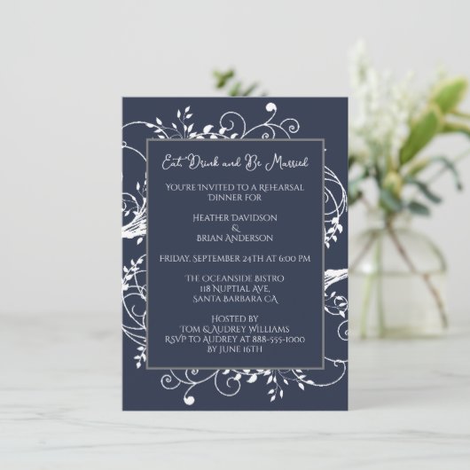 Navy Blue Flourish repesal Dinner Invitation Kaart (Staand voorkant)