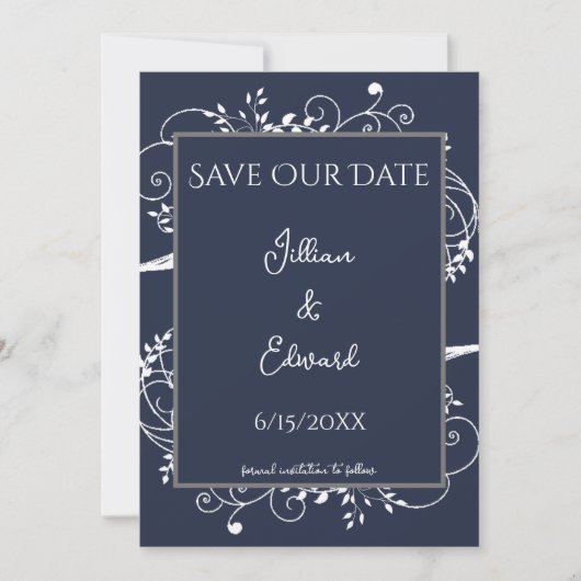 Navy Blue Flourish Save the Date Notice Aankondiging (Voorkant)