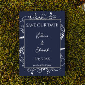 Navy Blue Flourish Save the Date Notice Aankondiging