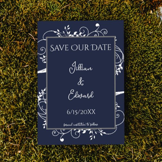 Navy Blue Flourish Save the Date Notice Aankondiging