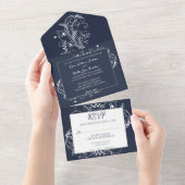 Navy Blue Flourish Wedding All in One Uitnodiging (Afscheurbaar)