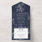 Navy Blue Flourish Wedding All in One Uitnodiging (Binnen)
