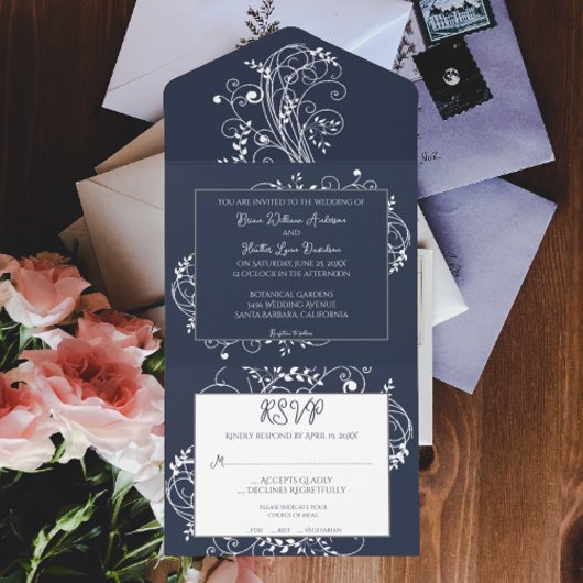 Navy Blue Flourish Wedding All in One Uitnodiging