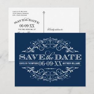  Navy Blue Flourish Wedding Save the Date Aankondigingskaart