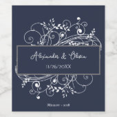Navy Blue Flourish Wedding Wine Label Wijn Etiket (Enkel label)