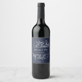 Navy Blue Flourish Wedding Wine Label Wijn Etiket (Voorkant)