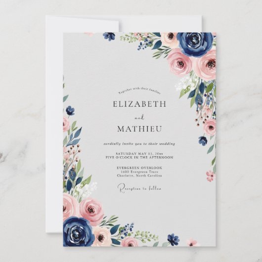 Navy Blue Flourishing Spring Wedding Kaart (Voorkant)